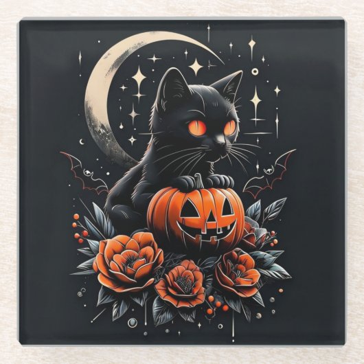 Halloween Black Cat, Moon & Pumpkin Glasuntersetzer (Vorderseite)