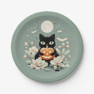 Halloween Black Cat, Moon & Pumpkin Pappteller