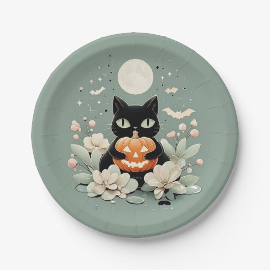 Halloween Black Cat, Moon & Pumpkin Pappteller (Vorderseite)