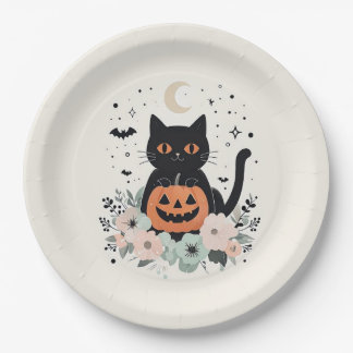 Halloween Black Cat, Moon & Pumpkin Pappteller
