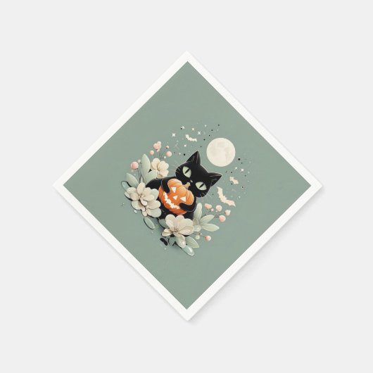 Halloween Black Cat, Moon & Pumpkin Serviette (Ecke)