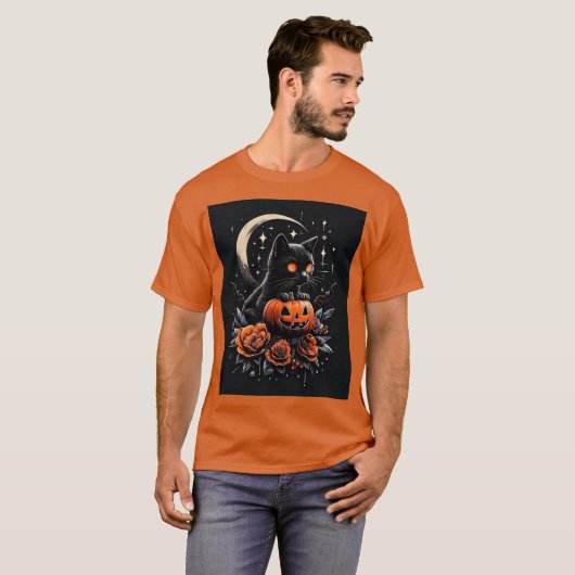Halloween Black Cat, Moon & Pumpkin T-Shirt (Vorne ganz)