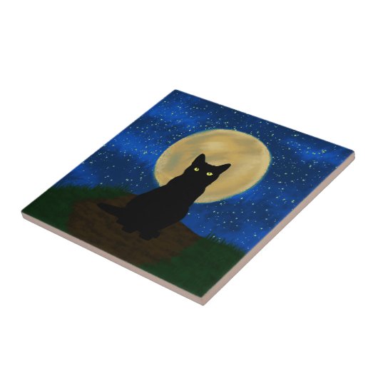 Halloween Black Cat Moonlit Silhouette  Fliese (Seite)