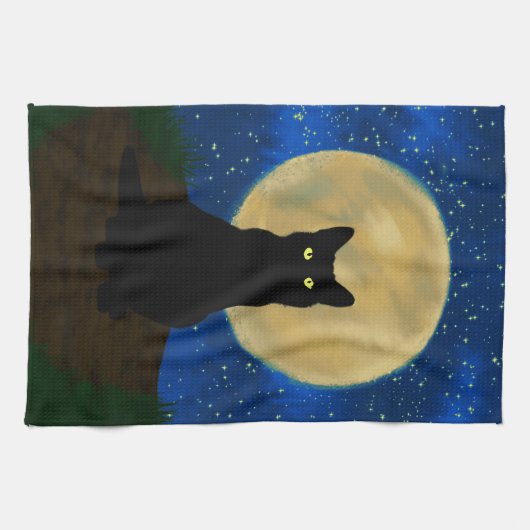 Halloween Black Cat Moonlit Silhouette Geschirrtuch (Horizontal)