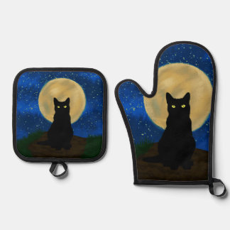 Halloween Black Cat Moonlit Silhouette Ofenhandschuh & Topflappen-Set