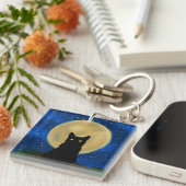 Halloween Black Cat Moonlit Silhouette Schlüsselanhänger (Vorderseite rechts)