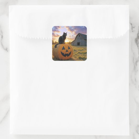 Halloween Black Cat On Pumpkin Hay Bale Quadratischer Aufkleber (Tasche)