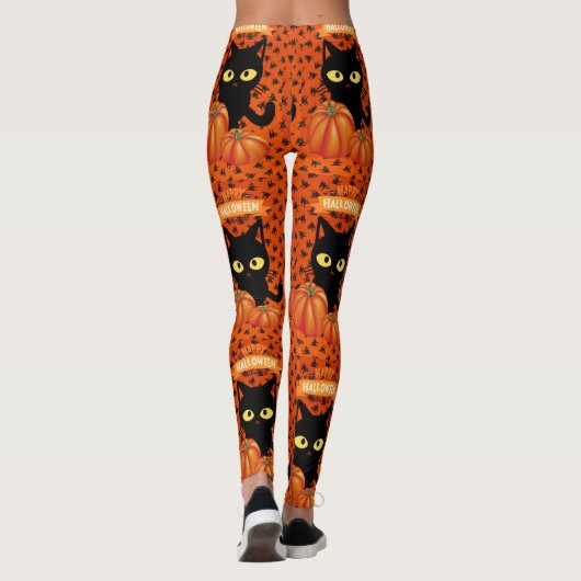 Halloween Black Cat, Orange Pattern Leggings (Rückseite)