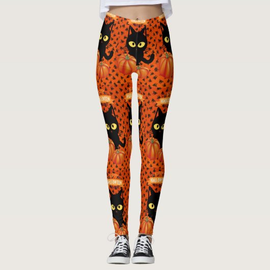 Halloween Black Cat, Orange Pattern Leggings (Vorderseite)