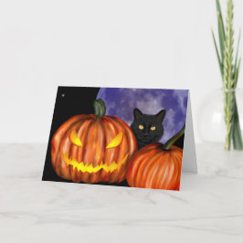 Halloween Black Cat Orange Pumpkins Art Karte