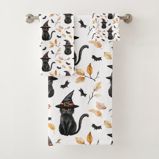 Halloween Black Cat Pattern - Witchy Cat Badhandtuch Set (Insitu)
