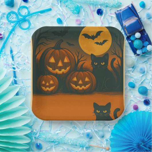 Halloween Black Cat & Pumpkin-Teller - Pappteller (Party)