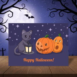 Halloween Black Cat, Pumpkins, Lantern on Purple Karte
