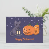 Halloween Black Cat, Pumpkins, Lantern on Purple Karte (Stehend Vorderseite)