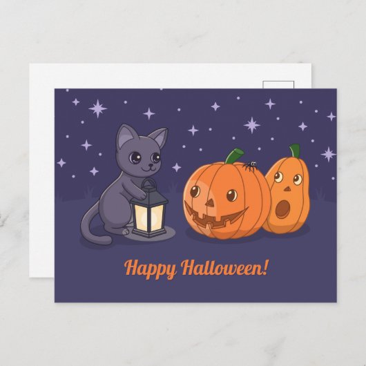 Halloween Black Cat Pumpkins Lantern Purple Postkarte (Vorne/Hinten)