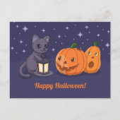 Halloween Black Cat Pumpkins Lantern Purple Postkarte (Vorderseite)
