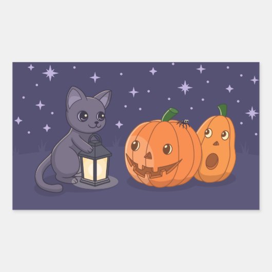Halloween Black Cat Pumpkins Lantern Purple Rechteckiger Aufkleber (Vorderseite)