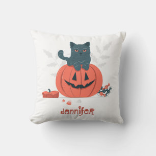 Halloween Black Cat sitzend auf dem Kürbis Kissen