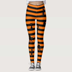 Halloween Black Cat & Stripes Leggings Orange