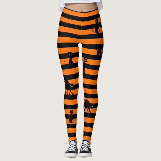 Halloween Black Cat & Stripes Leggings Orange (Vorderseite)