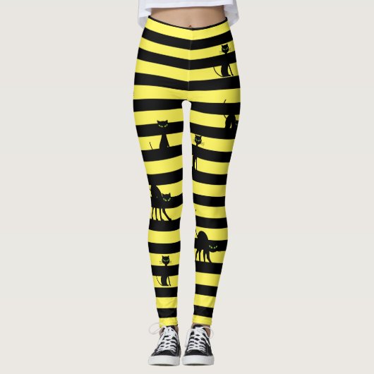 Halloween Black Cat & Stripes Leggings Yellow (Vorderseite)