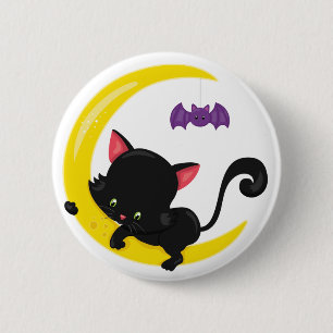Halloween Black Cat und Bat auf Crescent Moon Button