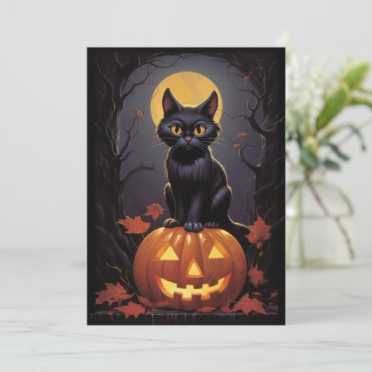 Halloween Black Cat und Pumpkin Einladung (Stehend Vorderseite)