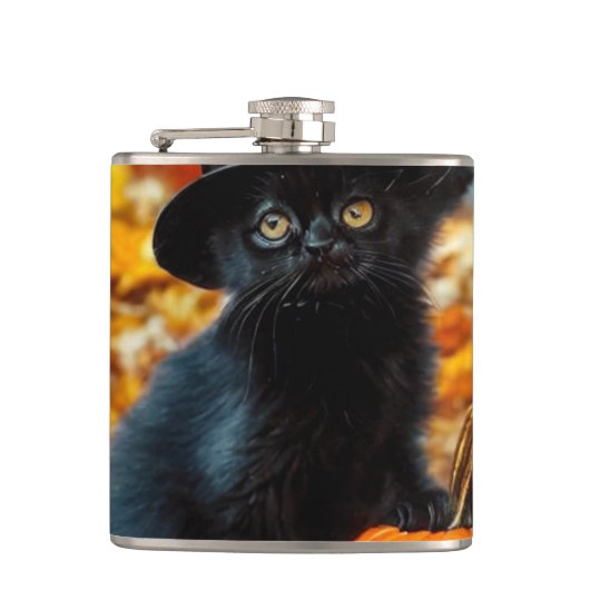 Halloween Black Cat und Pumpkin Flachmann (Vorderseite)