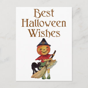 Halloween Black Cat und Pumpkin Girl Postkarte