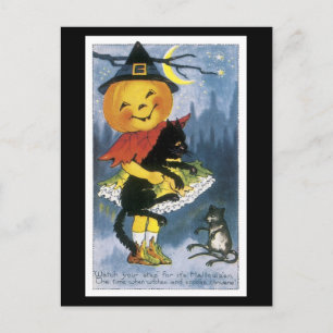 Halloween Black Cat und Pumpkin Girl Postkarte