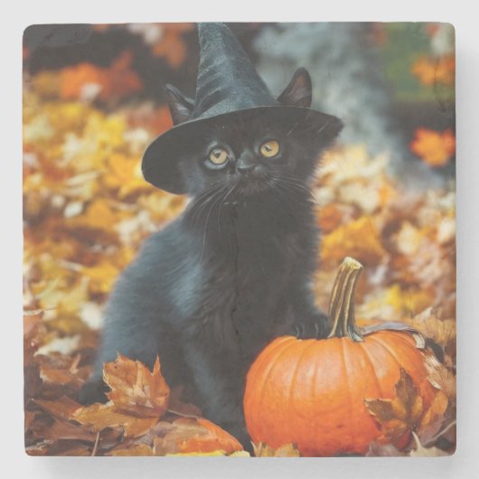 Halloween Black Cat und Pumpkin Steinuntersetzer (Vorderseite)