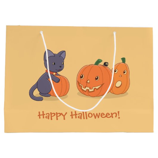 Halloween Black Cat und Pumpkins auf Orange Große Geschenktüte (Rückseite)
