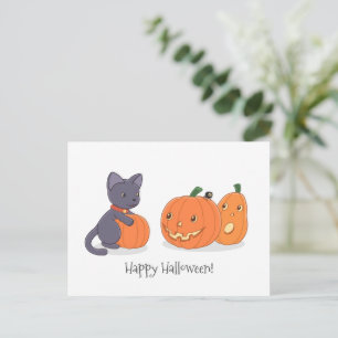 Halloween Black Cat und Pumpkins Postkarte