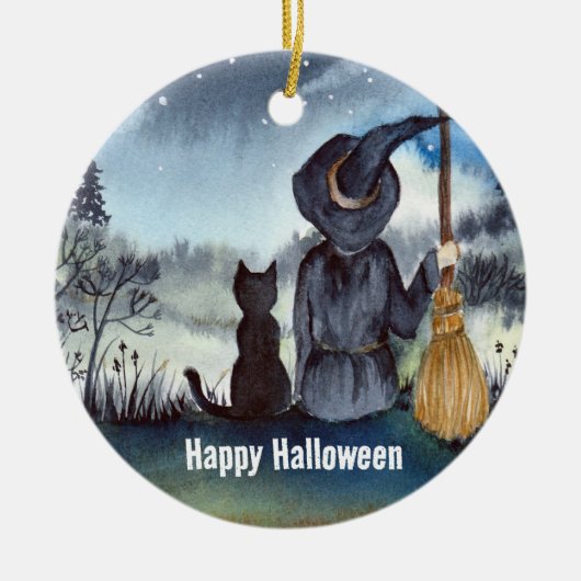 Halloween Black Cat und The Hexenkratzer Nacht Keramik Ornament (Vorne)