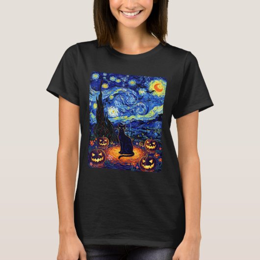 Halloween Black Cat Van Gogh Starry Night Cat Cost T-Shirt (Vorderseite)