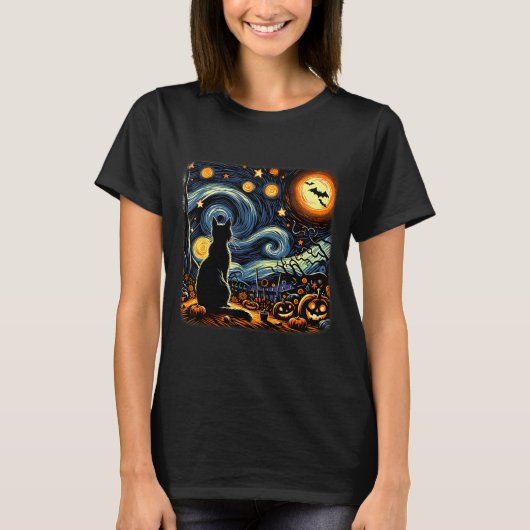 Halloween Black Cat Van Gogh Starry Night Cat Love T-Shirt (Vorderseite)