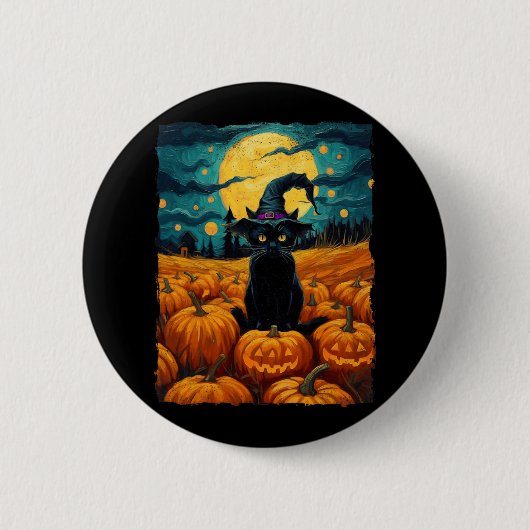 Halloween Black Cat Van Gogh Witch Kawaii Pumpkin Button (Vorderseite)