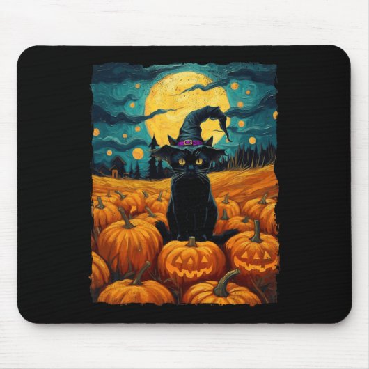 Halloween Black Cat Van Gogh Witch Kawaii Pumpkin Mousepad (Vorne)