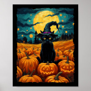 Halloween Black Cat Van Gogh Witch Kawaii Pumpkin Poster
