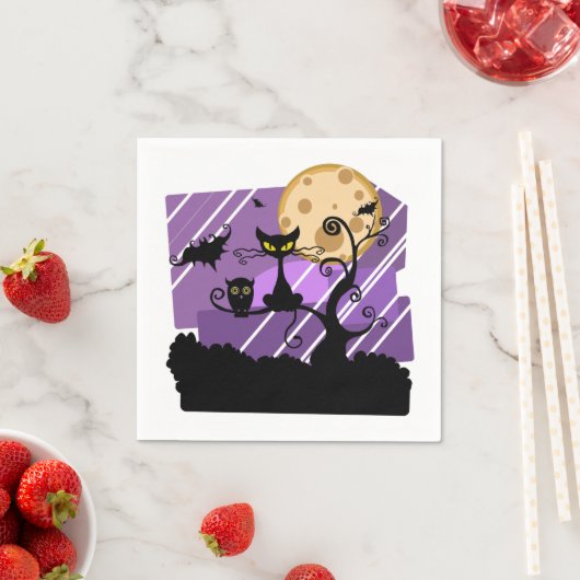 Halloween Black Cat, Whimsical Tree Bat and Moon Serviette (Beispiel)
