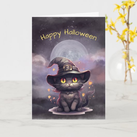 Halloween Black Cat Witch Hat Illustration Karte (Gelbe Blume)