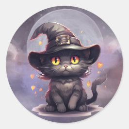 Halloween Black Cat Witch Hat Illustration Runder Aufkleber