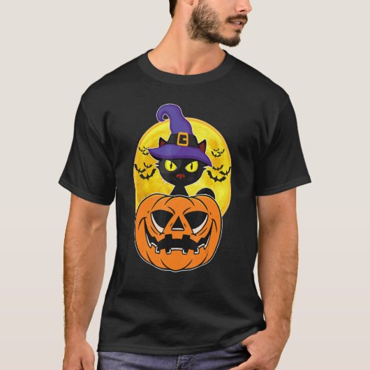 Halloween Black Cat Witch Hat Pumpkin For Kids Gir T-Shirt (Vorderseite)