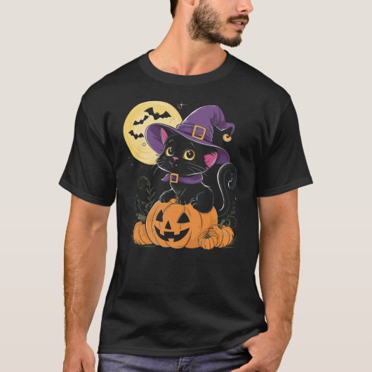 Halloween Black Cat Witch Hat Pumpkin For Kids Gir T-Shirt (Vorderseite)