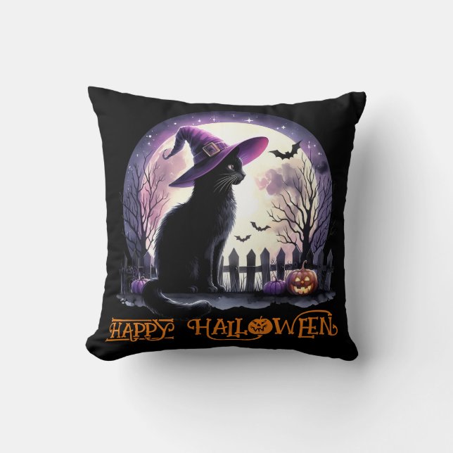 Halloween Black Cat Witz and Bats Kissen (Vorderseite)