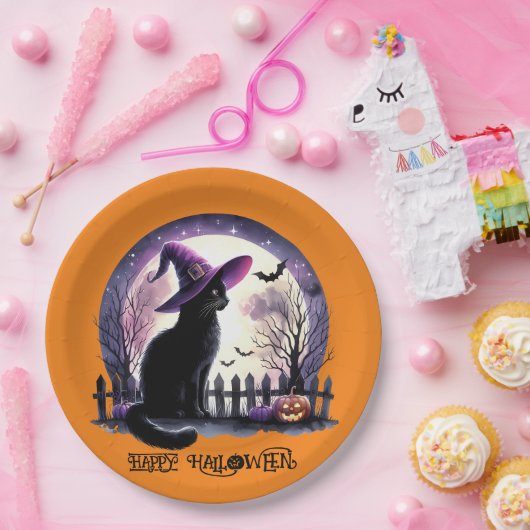 Halloween Black Cat Witz and Bats Pappteller (Party)