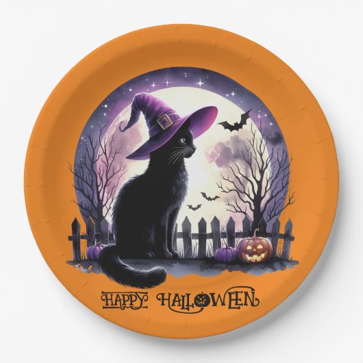 Halloween Black Cat Witz and Bats Pappteller (Vorderseite)