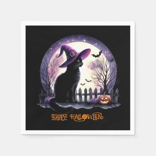 Halloween Black Cat Witz and Bats Serviette (Vorderseite)