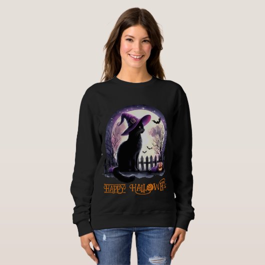 Halloween Black Cat Witz and Bats Sweatshirt (Vorne ganz)
