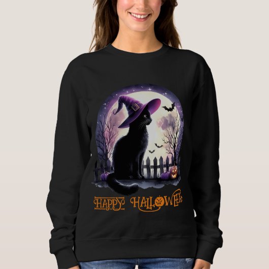 Halloween Black Cat Witz and Bats Sweatshirt (Vorderseite)